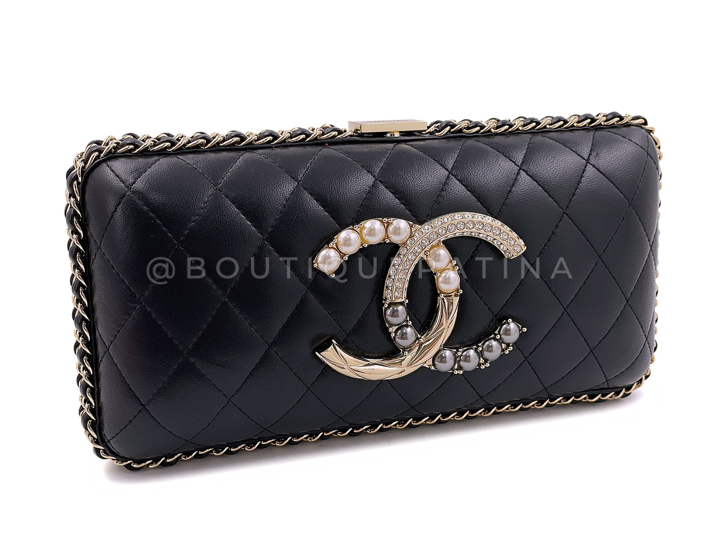 Chanel 2020 Pearl and Crystal CC Chain Around Evening Quilted Clutch Bag