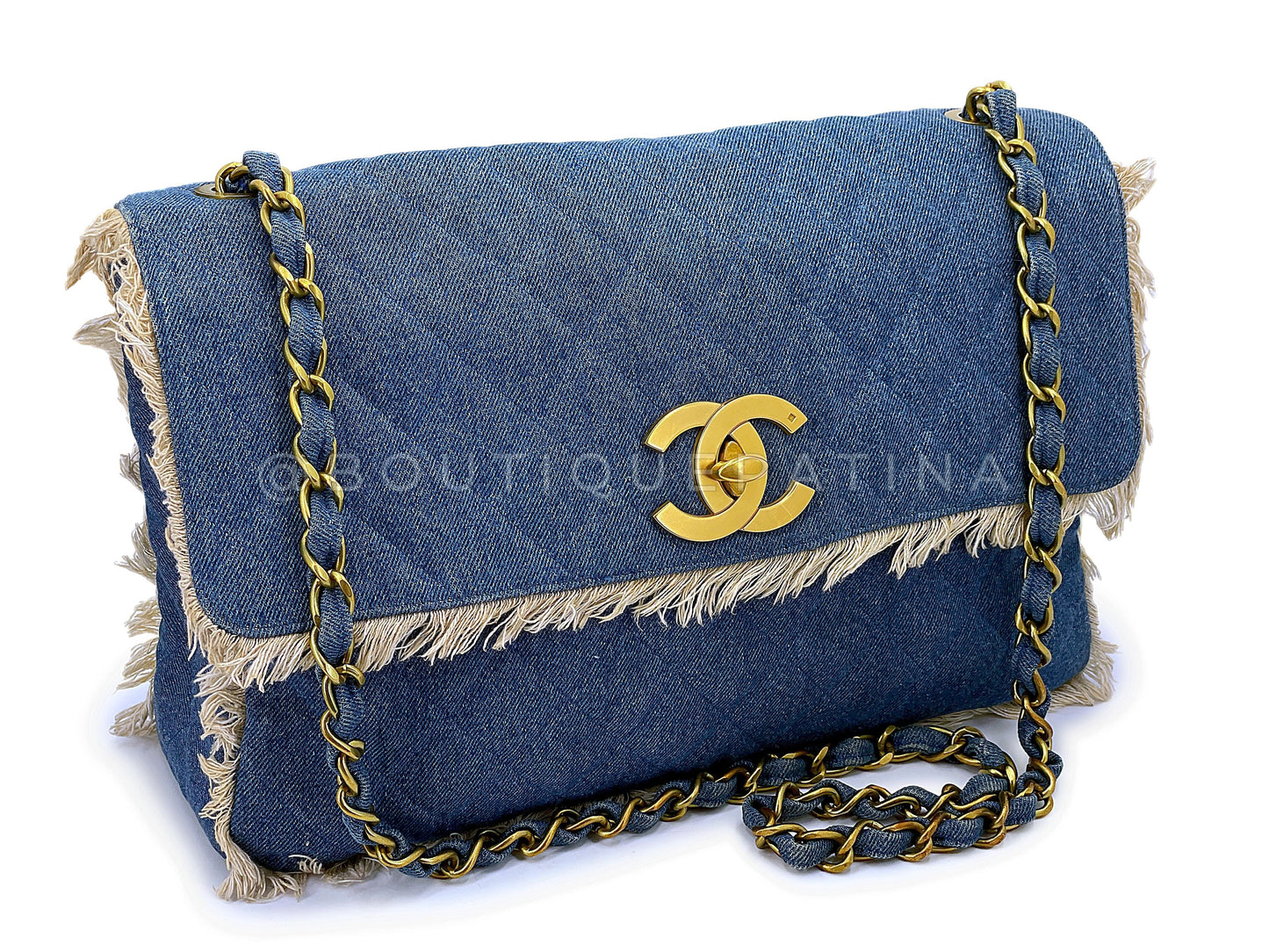 Rare Chanel 1994 Blue Denim Vintage Maxi Classic Crossbody Flap Bag 24k GHW