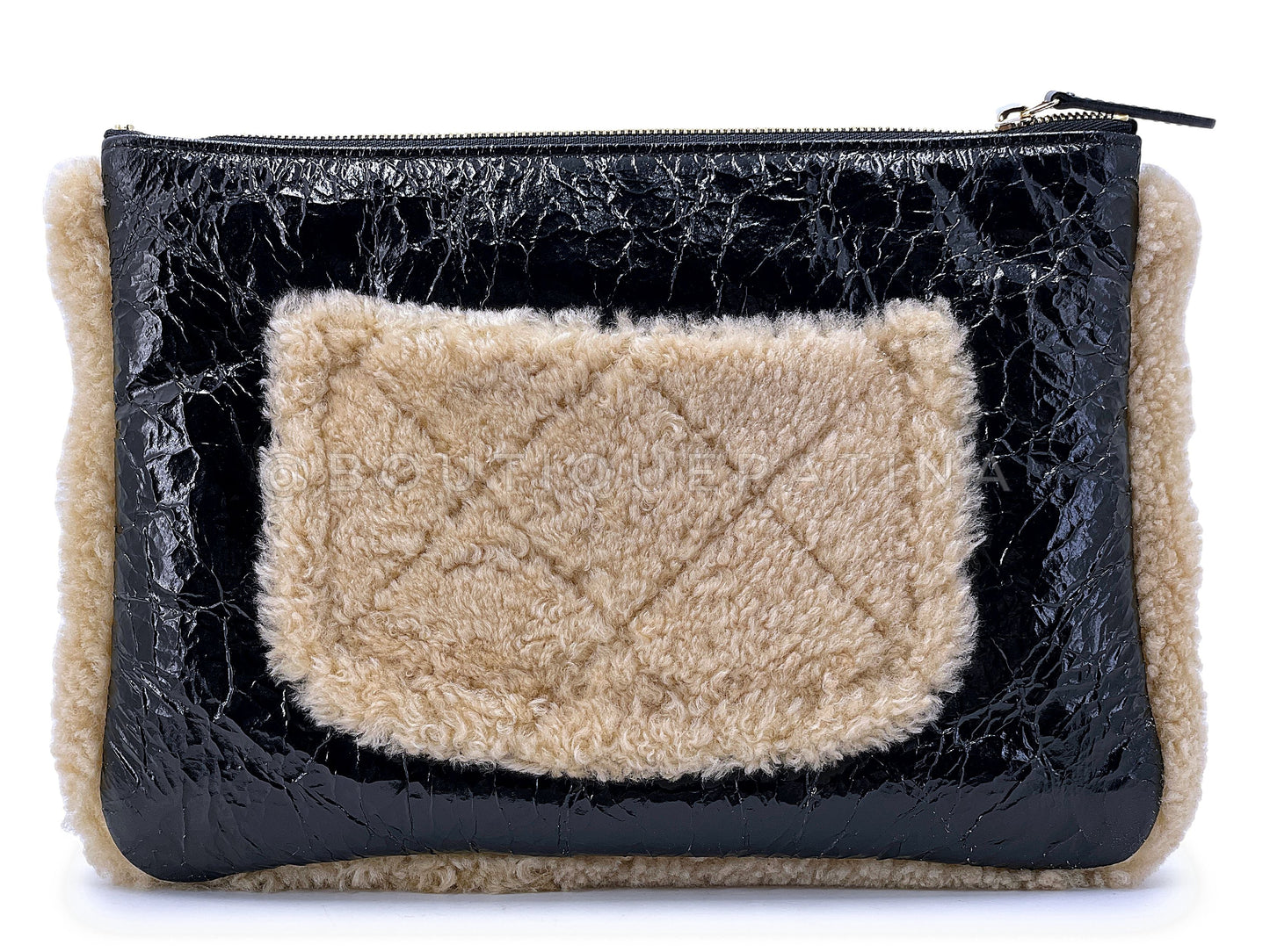 Rare Chanel 2019 Shearling Mania Crumpled Calfskin O Case Clutch Bag