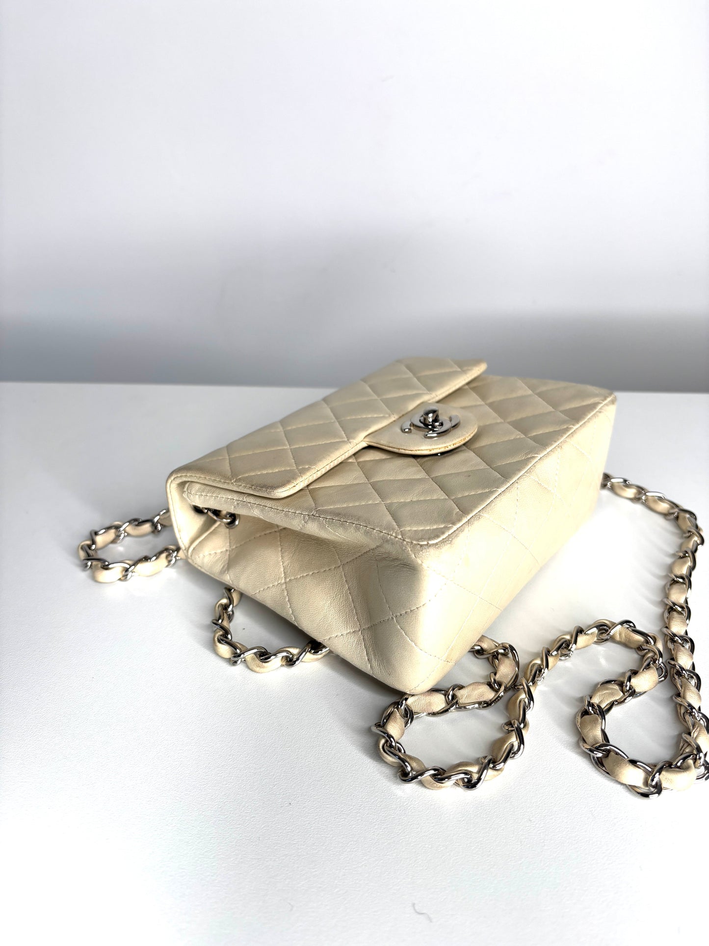 Chanel Mini Flap Square Ivory Lambskin Shoulder Bag - Preloved