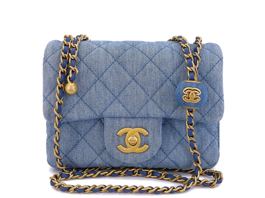 Chanel 22C Blue Denim Pearl Crush Square Mini Flap Bag GHW 93E