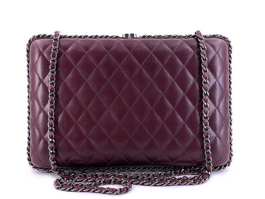 Chanel 2012 Bordeaux Burgundy Oversizsed Hard Quilted Chain Around Clutch Bag RHW