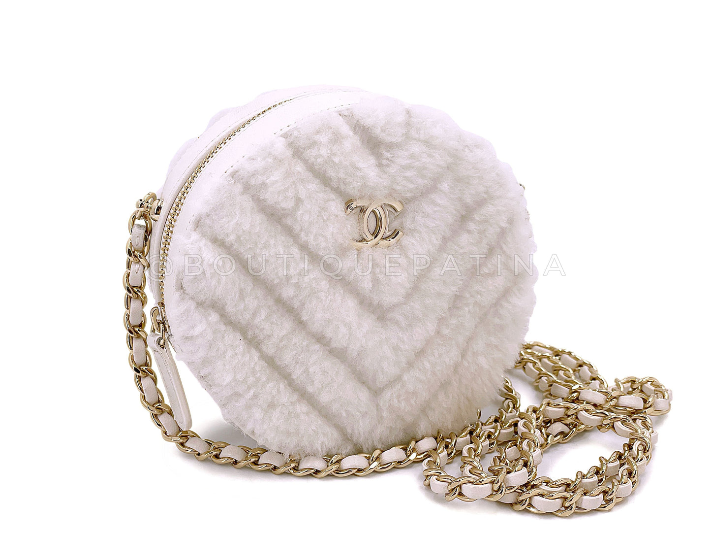 Chanel 2019 White Shearling Chevron Fur Mini Round Drum Bag GHW 6RF