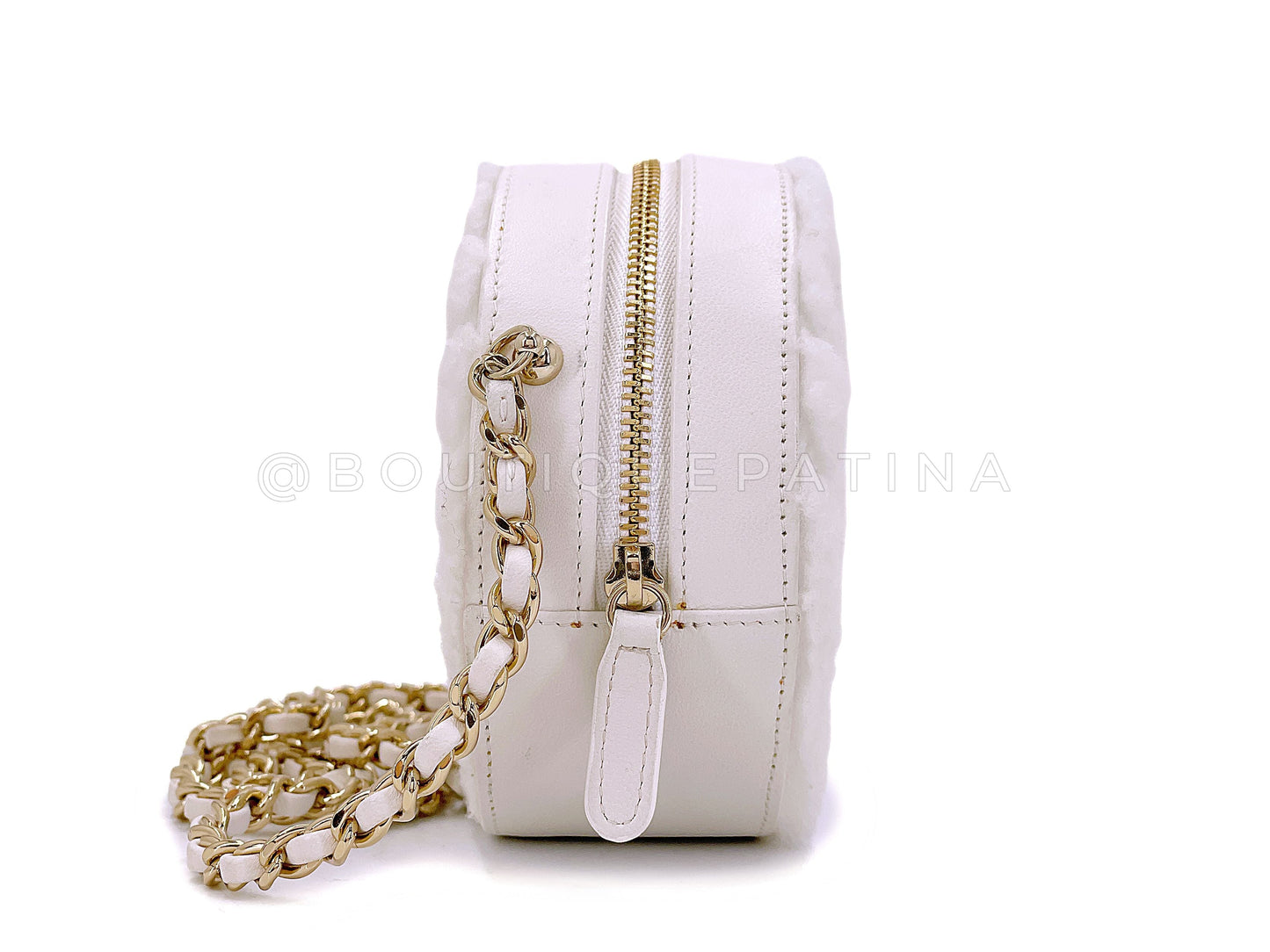 Chanel 2019 White Shearling Chevron Fur Mini Round Drum Bag GHW 6RF