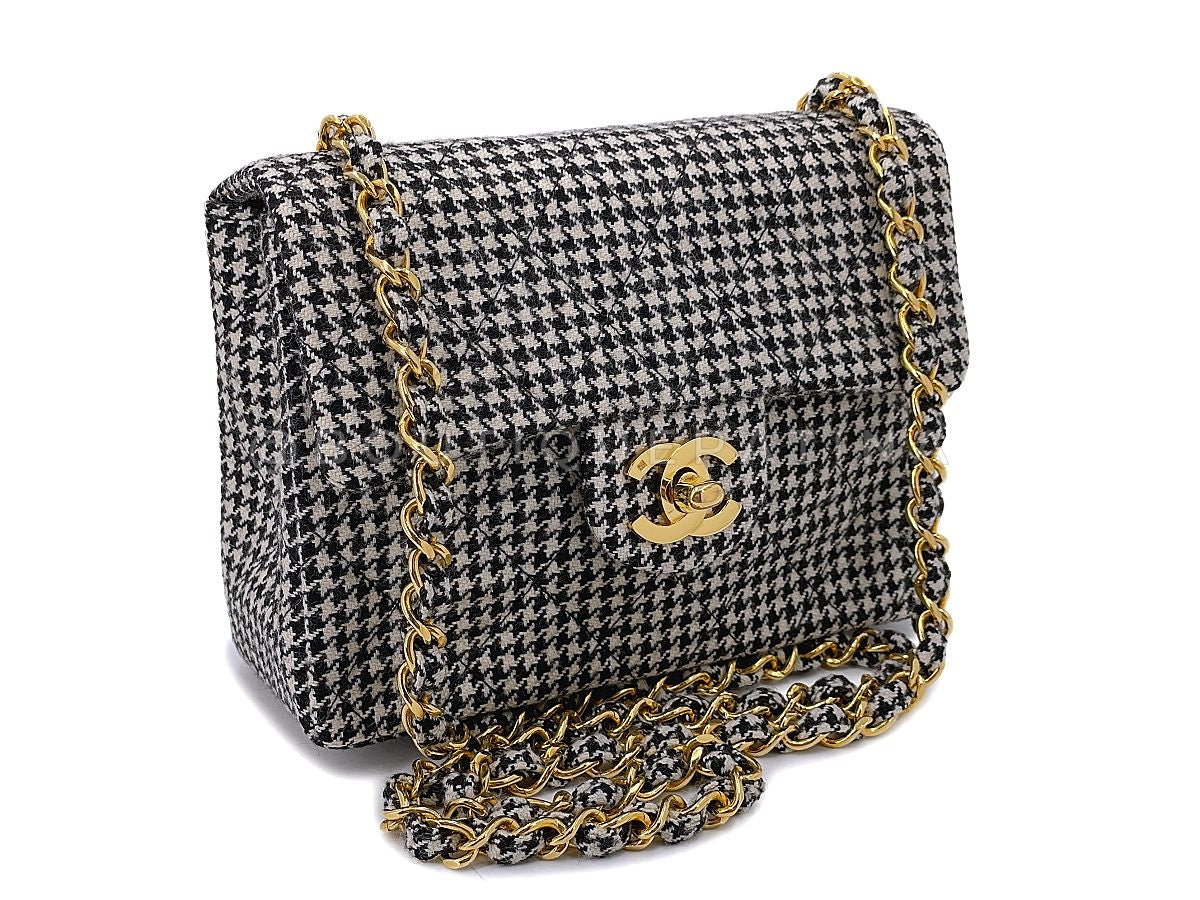 Rare Chanel 1991 Houndstooth Micro-Tweed Square Mini Flap Bag 24k GHW