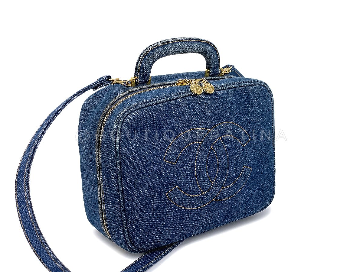 Chanel 1997 Vintage Blue Denim "Lunch Box" Vanity Timeless Logo Bag PIQ
