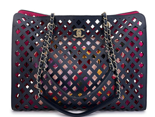 Chanel Black Fuchsia Pink Diamond Cutout Shopper Tote Bag 4FE