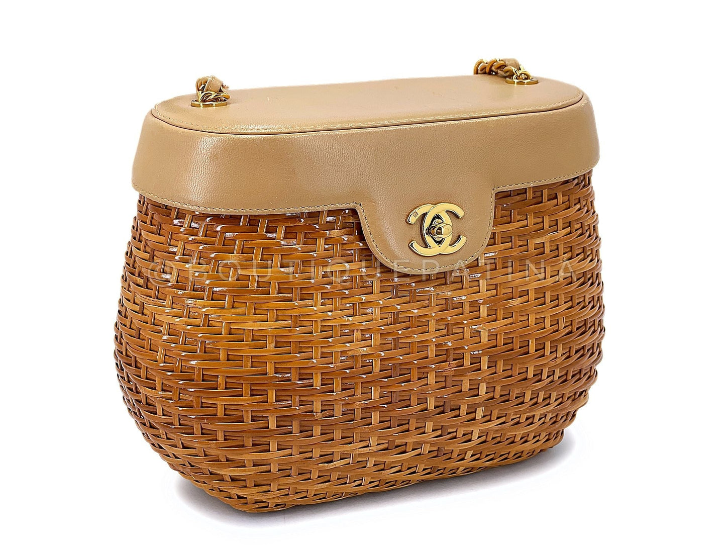 Chanel 1997 Vintage Wicker and Beige Lambskin Basket Vanity Bag FTT