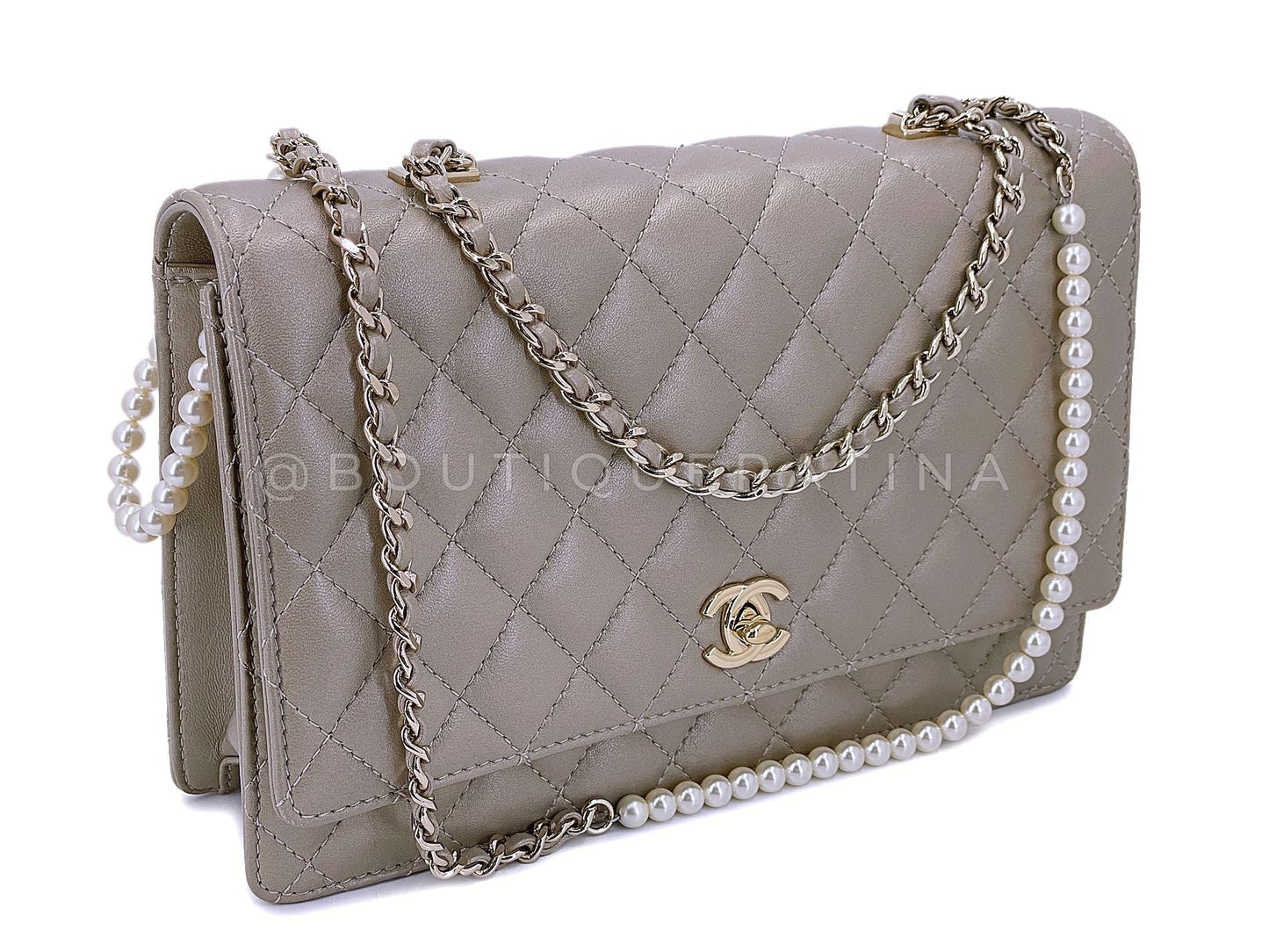 Chanel Metallic Taupe Fantasy Pearl Clutch on Chain Crossbody Flap Bag