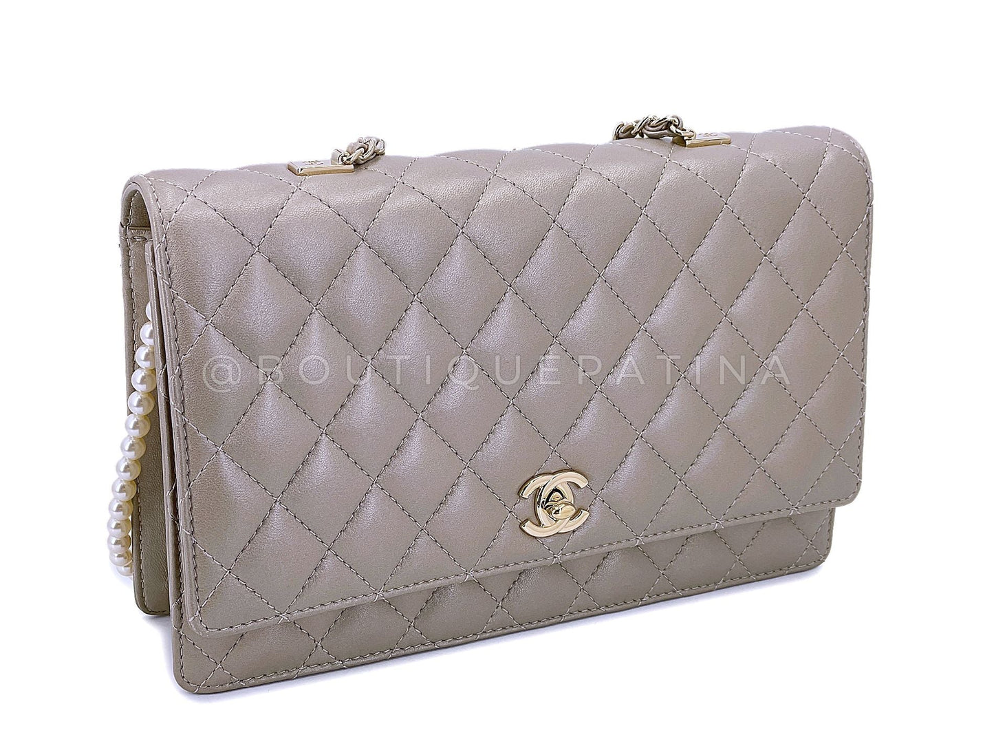 Chanel Metallic Taupe Fantasy Pearl Clutch on Chain Crossbody Flap Bag