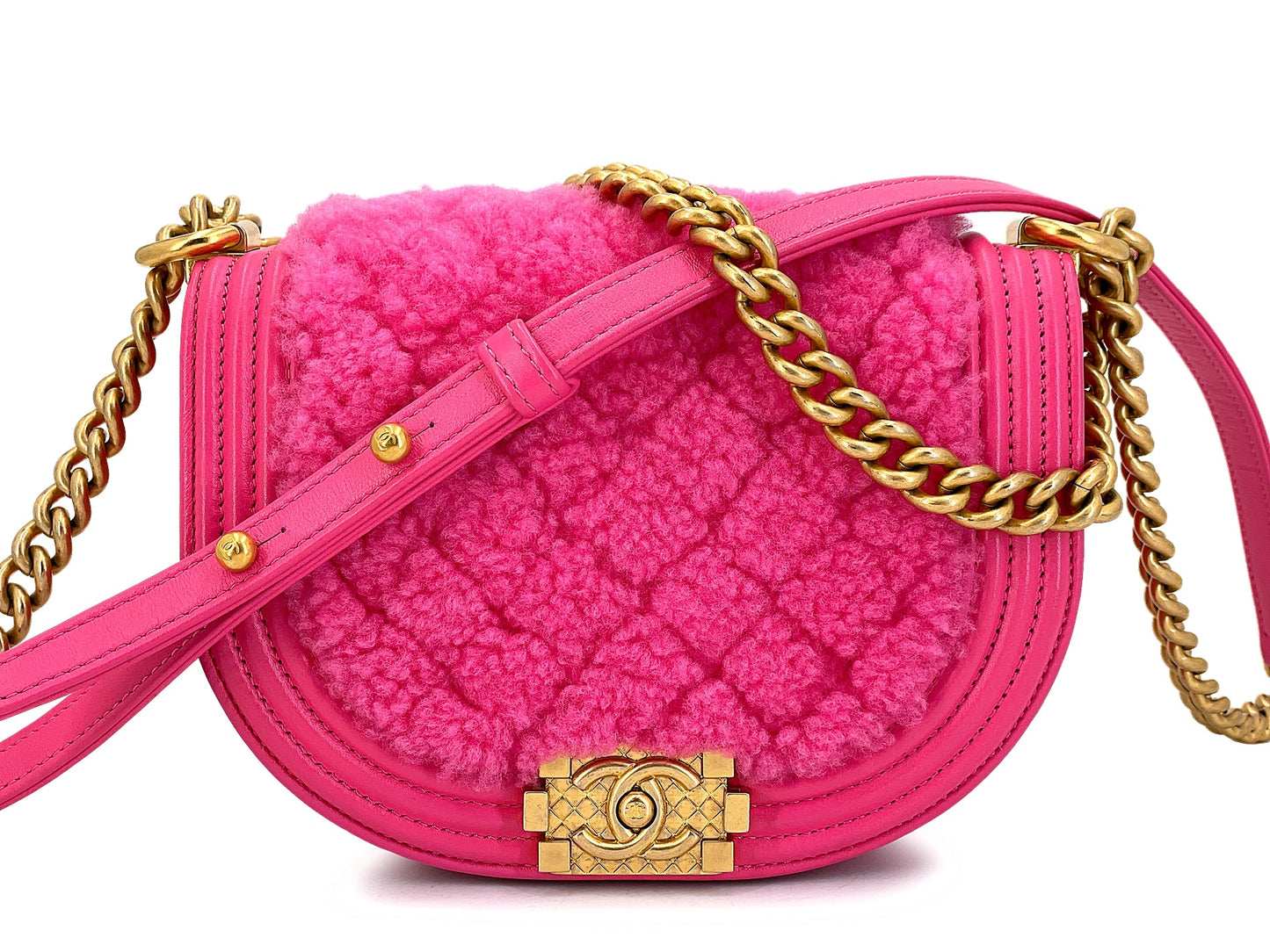Chanel Fuchsia Pink Shearling Round Boy Flap Bag GHW EB1