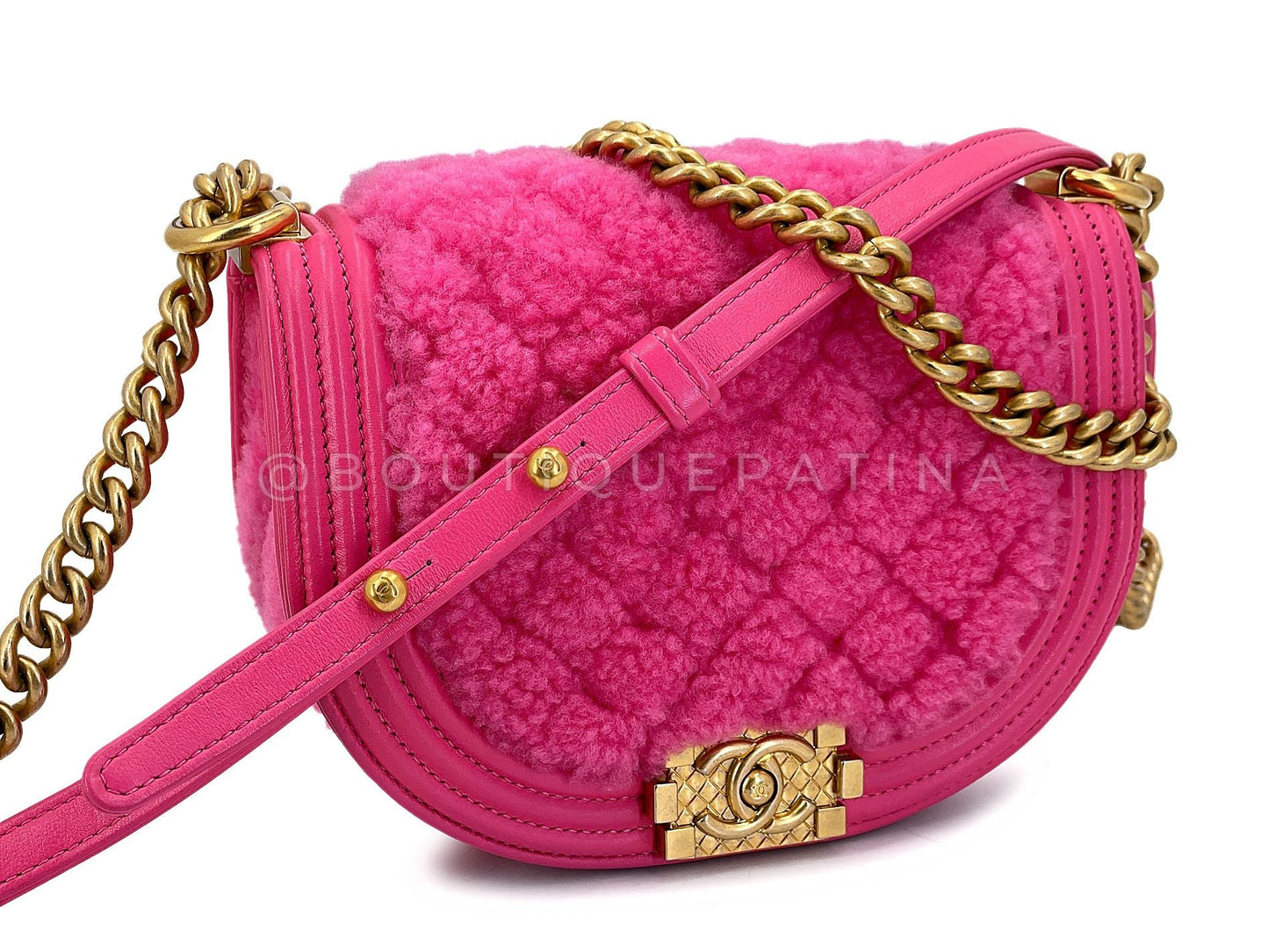Chanel Fuchsia Pink Shearling Round Boy Flap Bag GHW EB1
