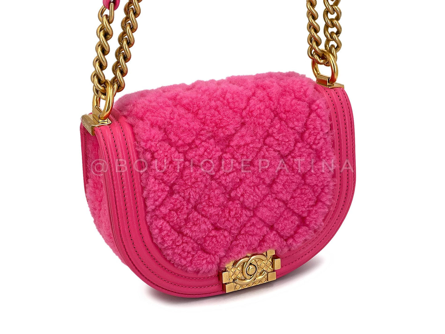 Chanel Fuchsia Pink Shearling Round Boy Flap Bag GHW EB1