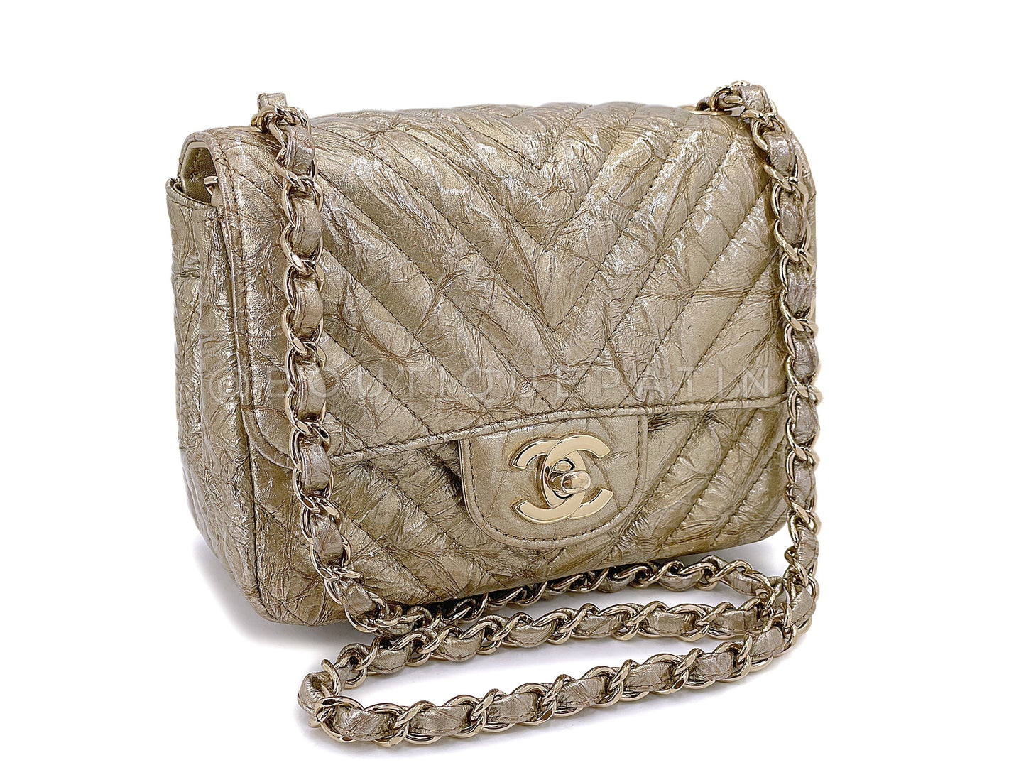 Chanel 18S Distressed Gold Crumpled Calf Patent Chevron Square Mini Flap Bag
