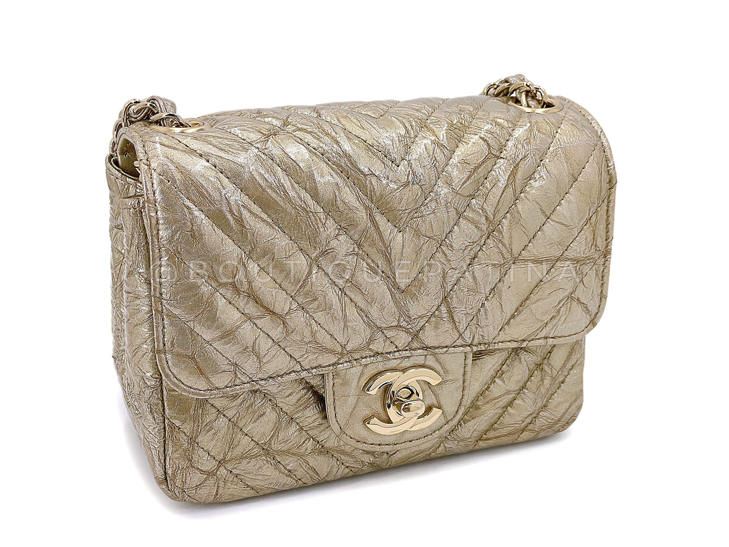 Chanel 18S Distressed Gold Crumpled Calf Patent Chevron Square Mini Flap Bag