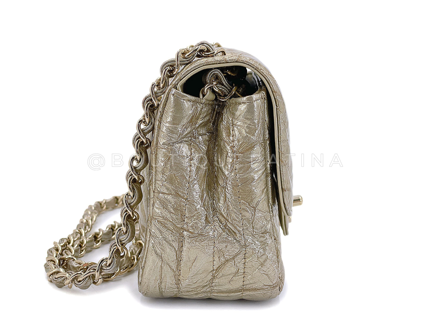 Chanel 18S Distressed Gold Crumpled Calf Patent Chevron Square Mini Flap Bag