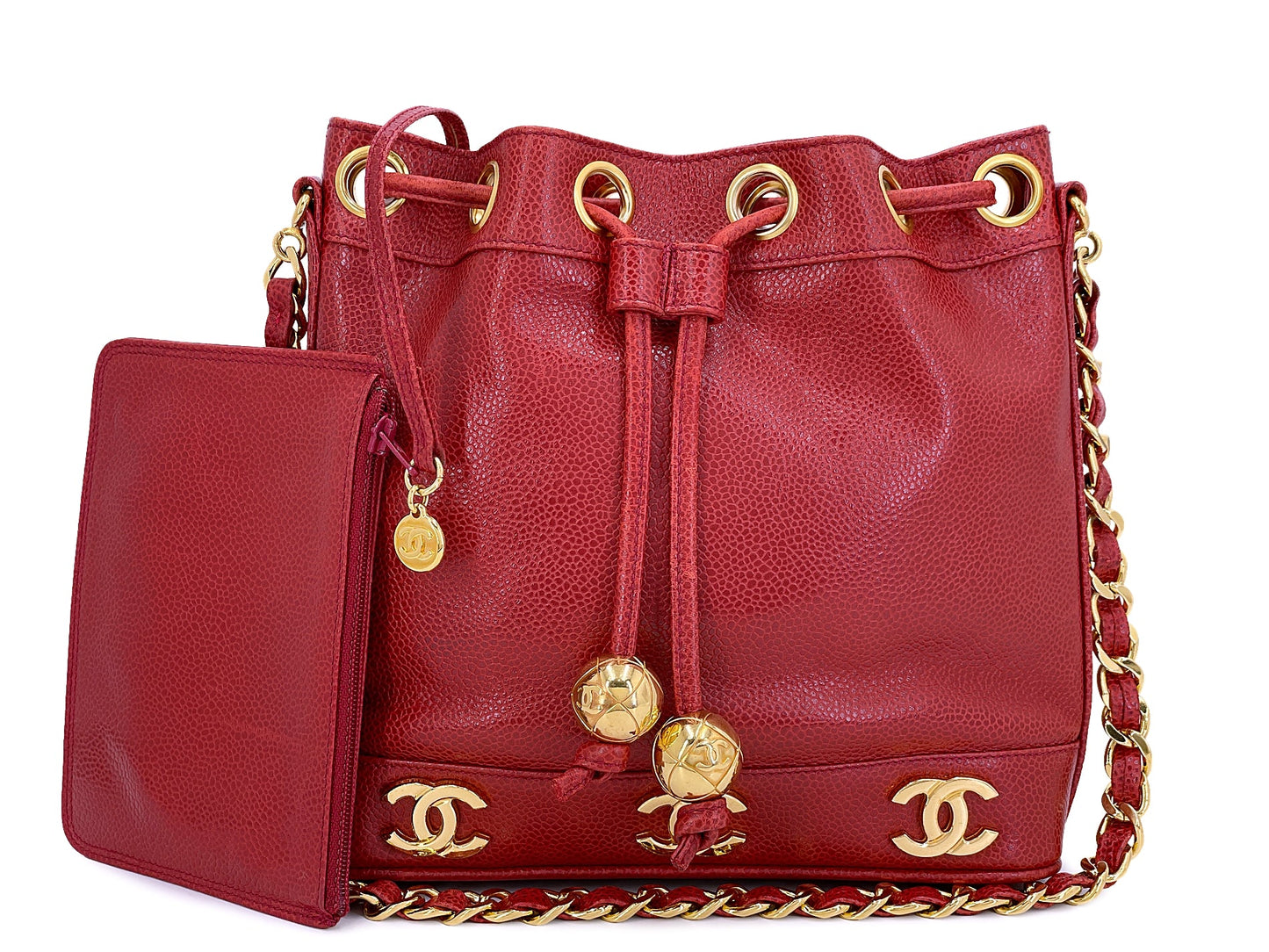 Chanel 1994 Vintage Red Caviar Mini Drawstring 6-CC Rectangular Bucket Bag 24k GHW