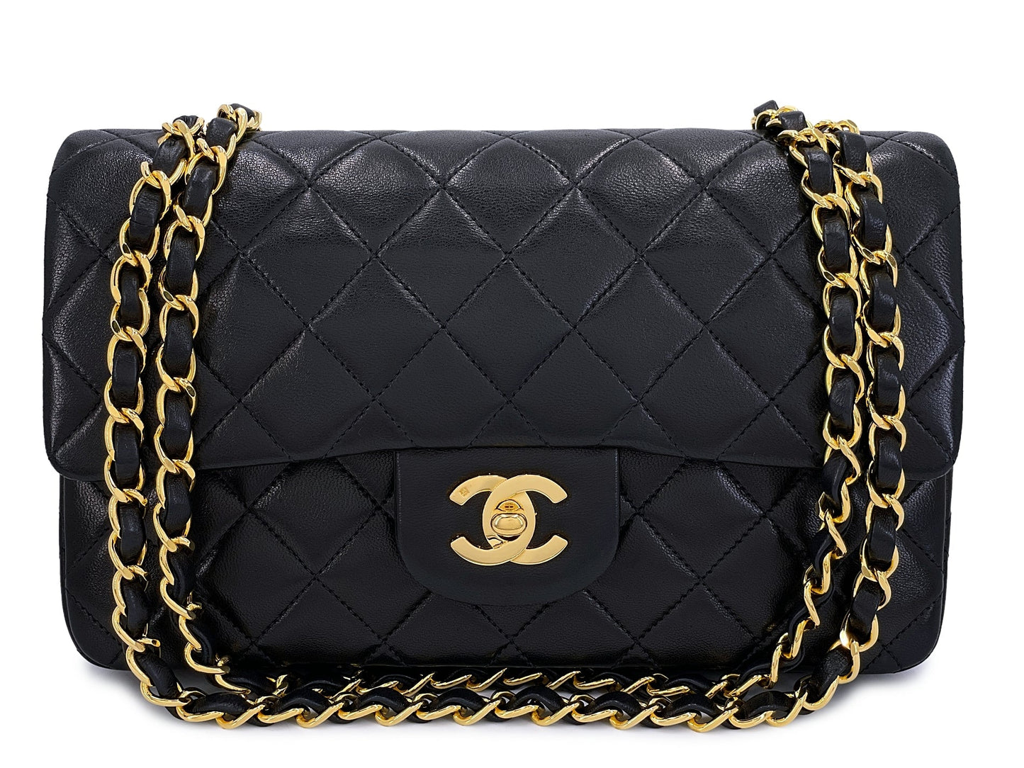 Chanel 1991 Vintage Black Small Classic Double Flap Bag 24k GHW Lambskin AGE