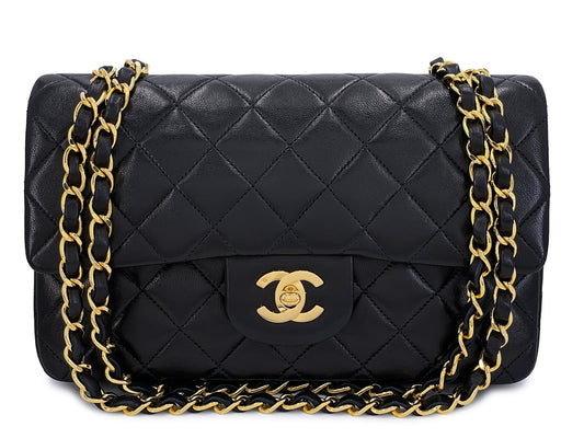 Chanel 1991 Vintage Black Small Classic Double Flap Bag 24k GHW Lambskin AGE