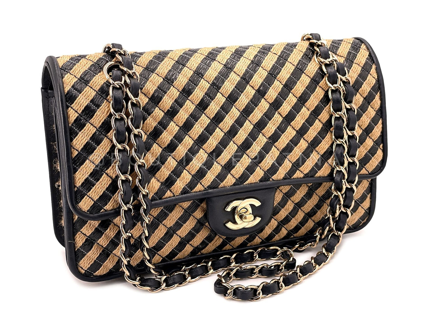 Chanel Straw Raffia Medium Urban Jungle Classic Flap Bag Black Beige GHW