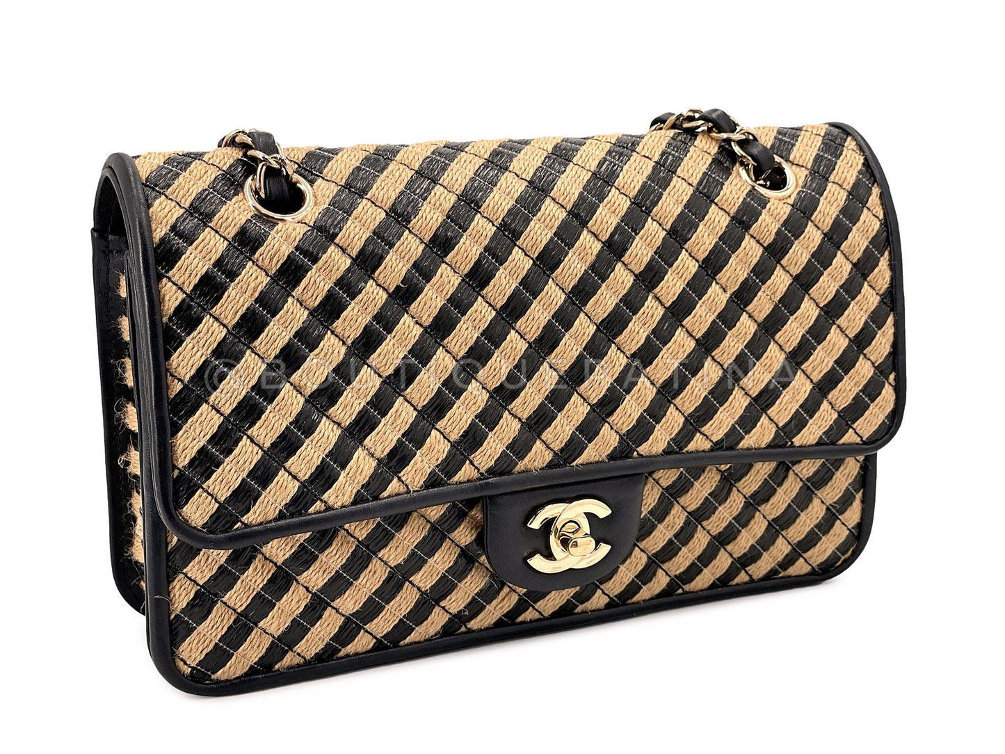 Chanel Straw Raffia Medium Urban Jungle Classic Flap Bag Black Beige GHW