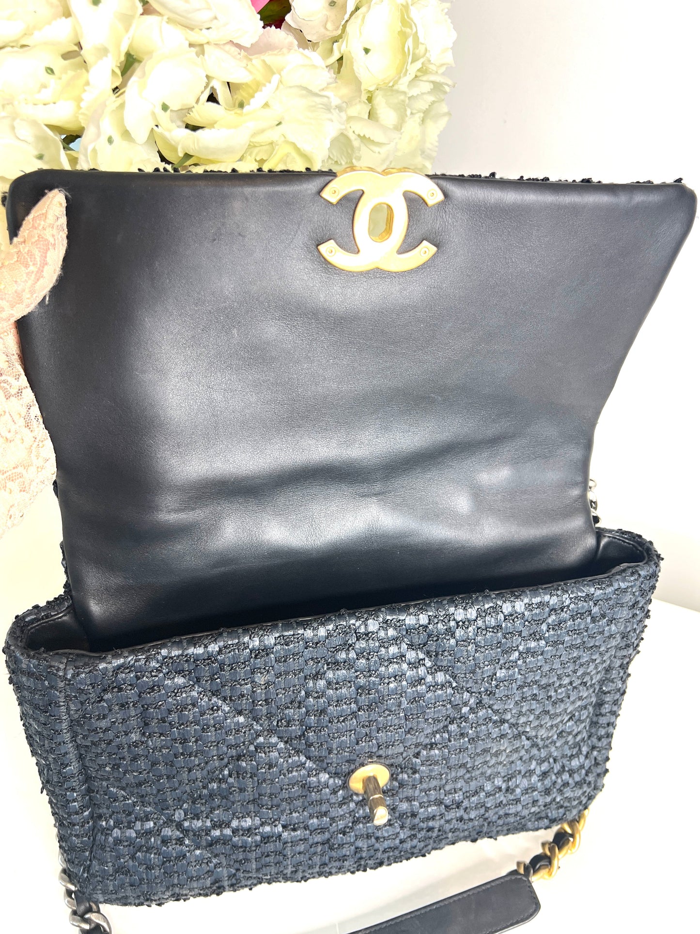Chanel Preloved Large Chanel 19 Navy Raffia Tweed Flap Bag