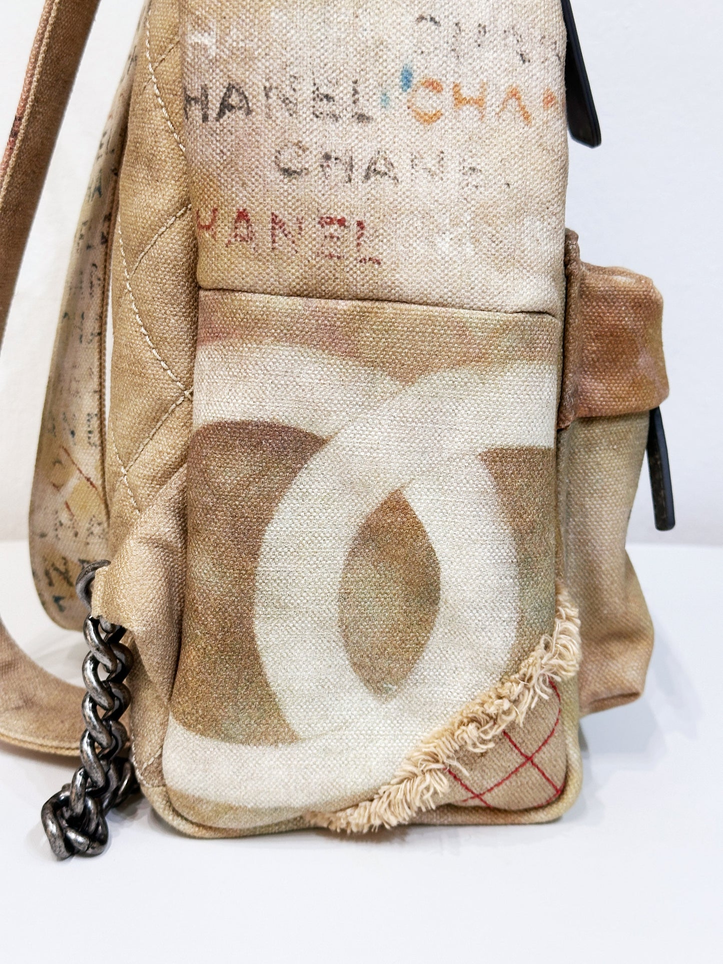 Chanel Graffiti Printed Canvas Medium Backpack Beige 1958 holo card