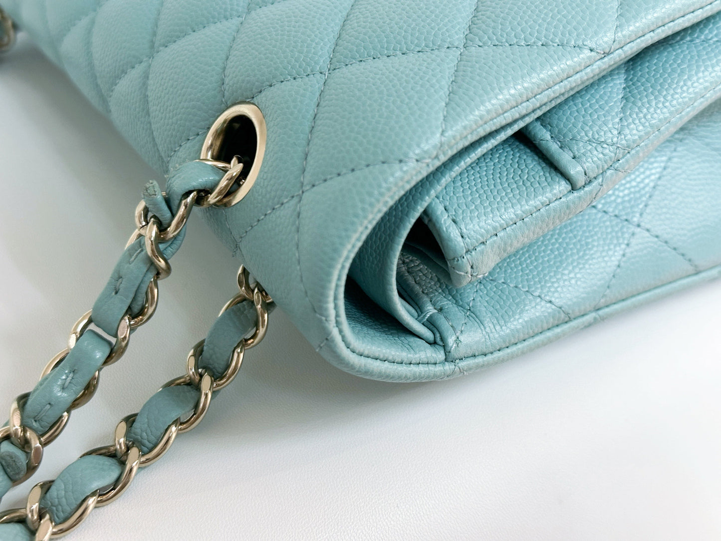 Chanel Classic Flap Medium 20C Tiffany Blue Caviar Light Gold Hardware 2943 holo card