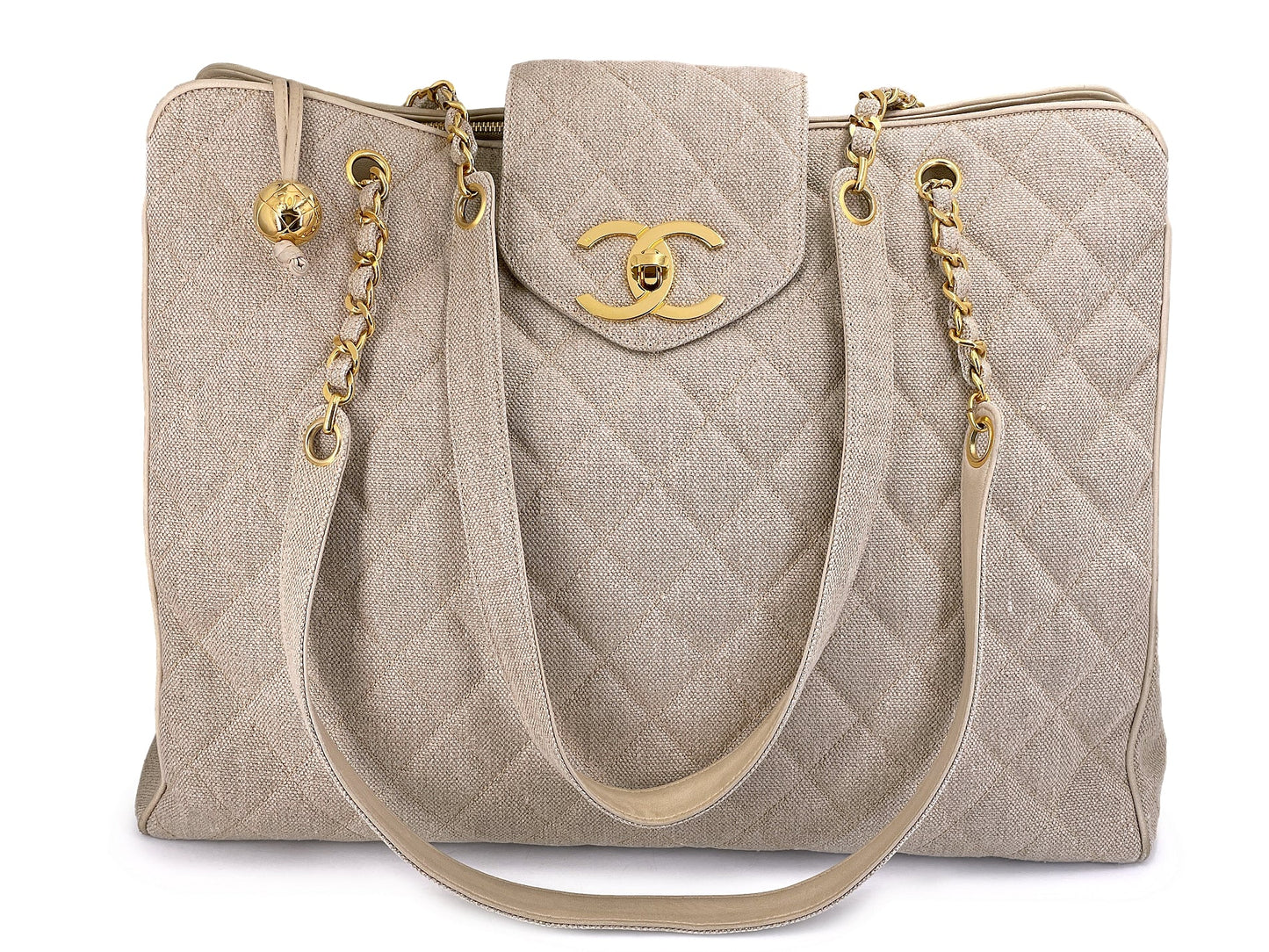 Chanel Vintage Supermodel Taupe Beige Linen XL Weekender Tote Bag 24k GHW
