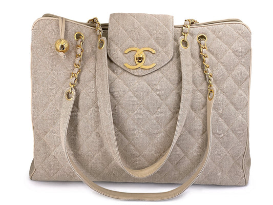 Chanel Vintage Supermodel Taupe Beige Linen XL Weekender Tote Bag 24k GHW