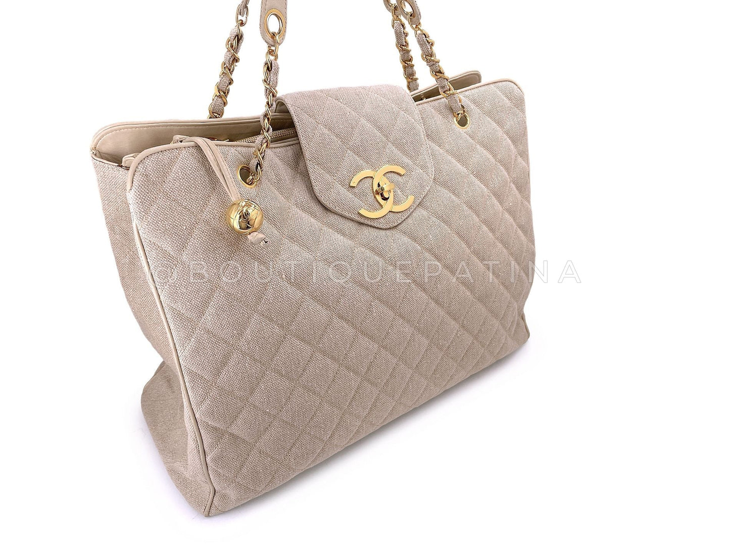Chanel Vintage Supermodel Taupe Beige Linen XL Weekender Tote Bag 24k GHW