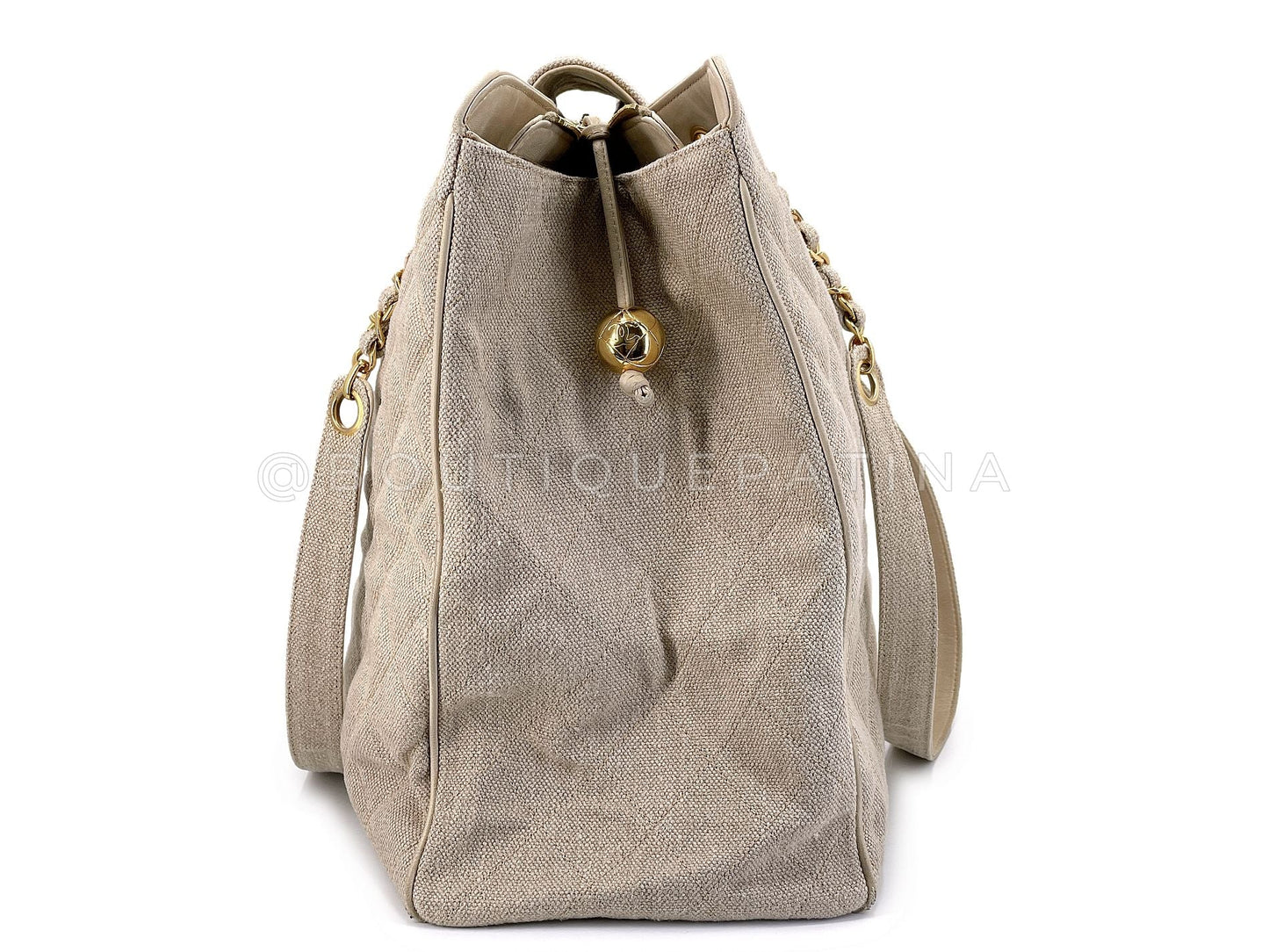 Chanel Vintage Supermodel Taupe Beige Linen XL Weekender Tote Bag 24k GHW