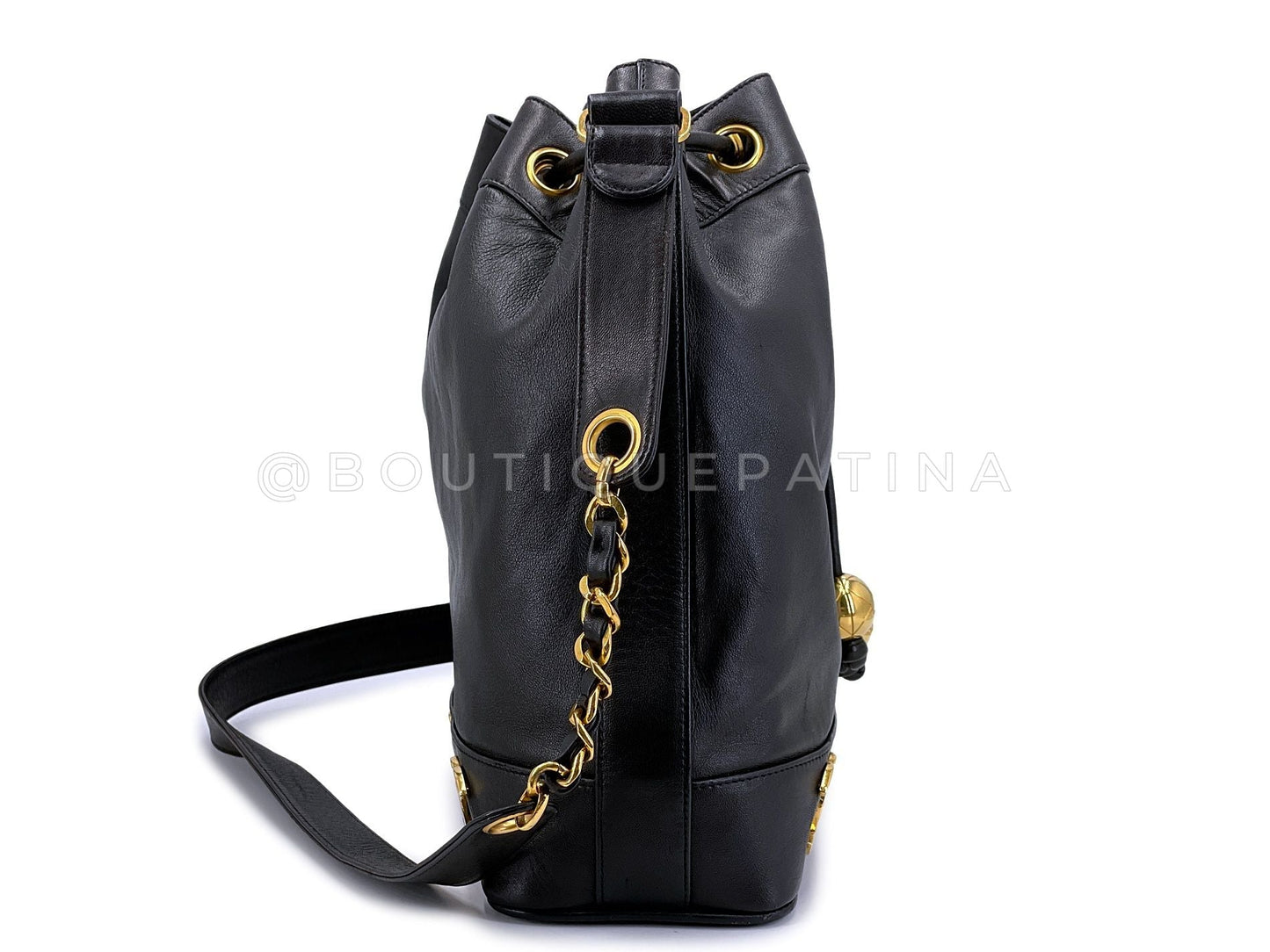Chanel Bucket Bag 6-CC Rectangular Black Drawstring 24k GHW Lambskin MKT
