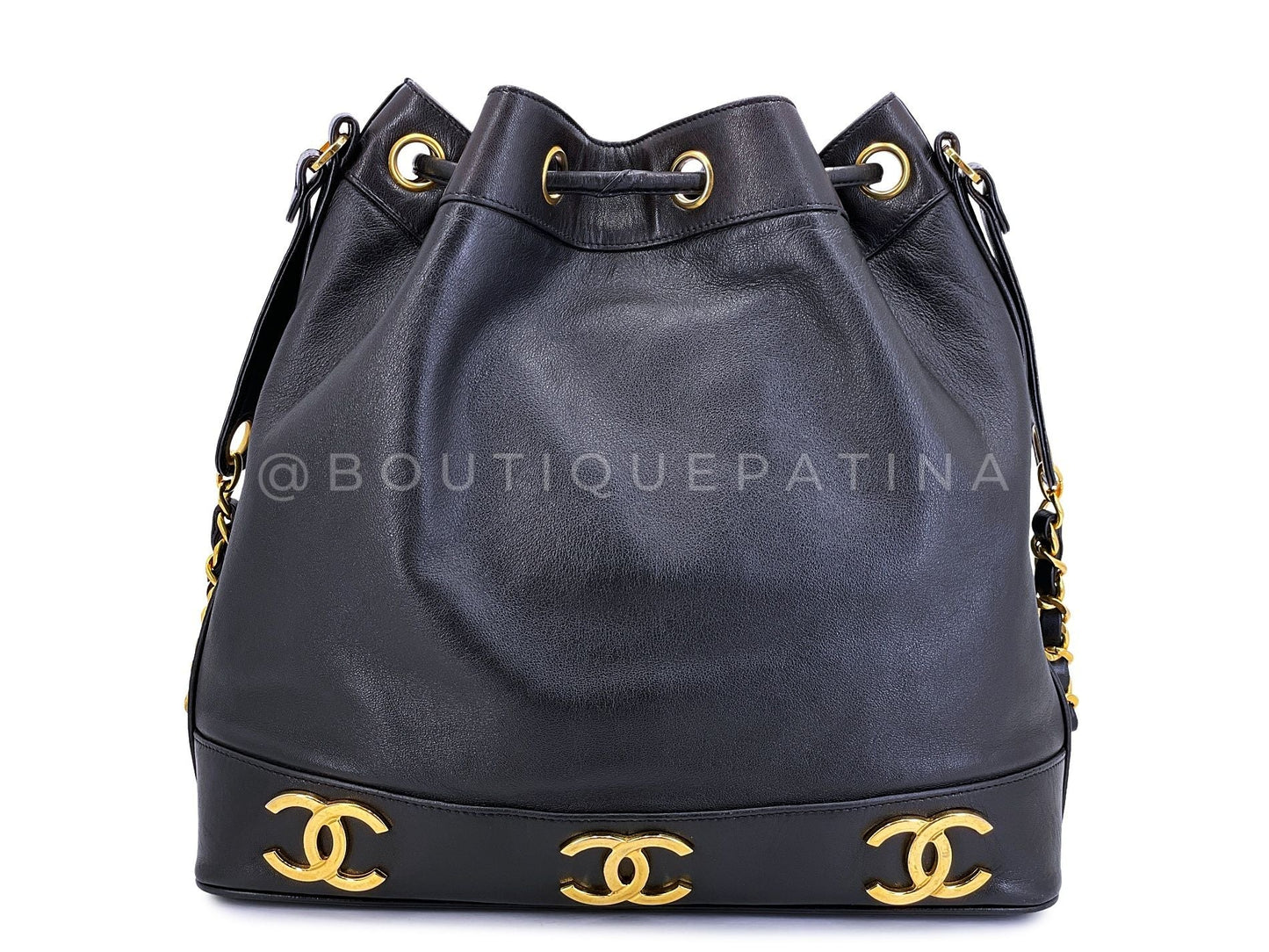 Chanel Bucket Bag 6-CC Rectangular Black Drawstring 24k GHW Lambskin MKT
