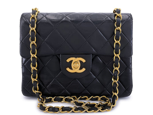 Chanel 1990 Vintage Black Square Mini Flap Bag 24k GHW Lambskin Y3G