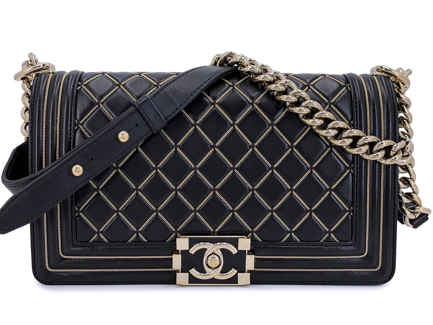 Chanel Micro Chain Boy Black Old Medium 2017 GHW Flap Lambskin Bag NPM