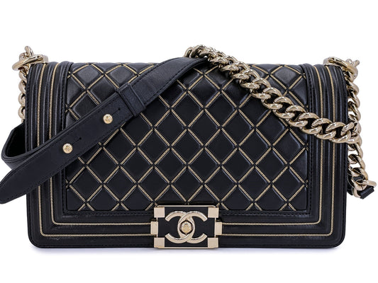 Chanel Micro Chain Boy Black Old Medium 2017 GHW Flap Lambskin Bag NPM
