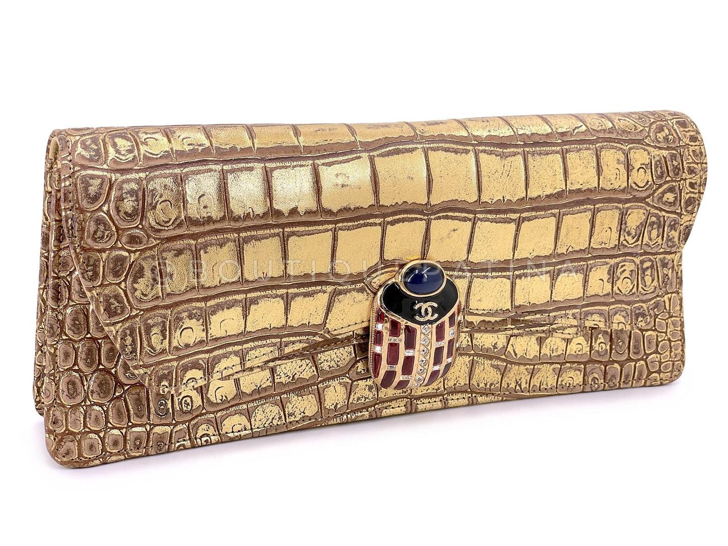 Chanel 19A Egyptian Crocodile Print Scarab Clutch Gold Paris-New York Bag TI9