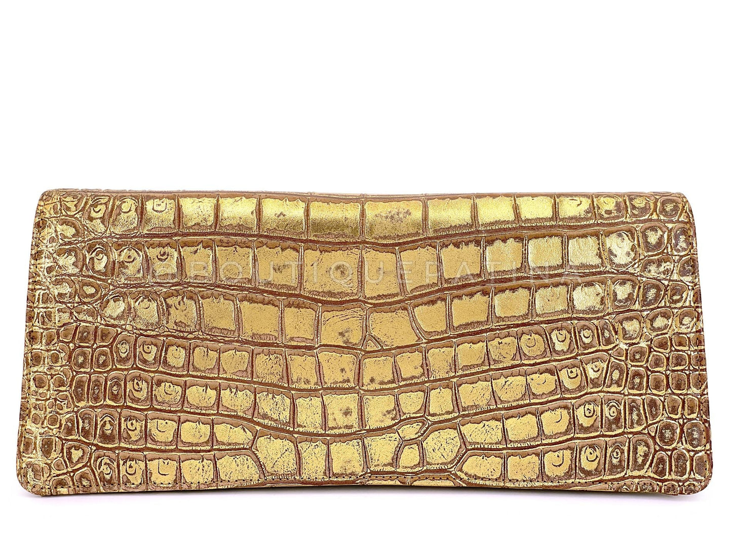 Chanel 19A Egyptian Crocodile Print Scarab Clutch Gold Paris-New York Bag TI9