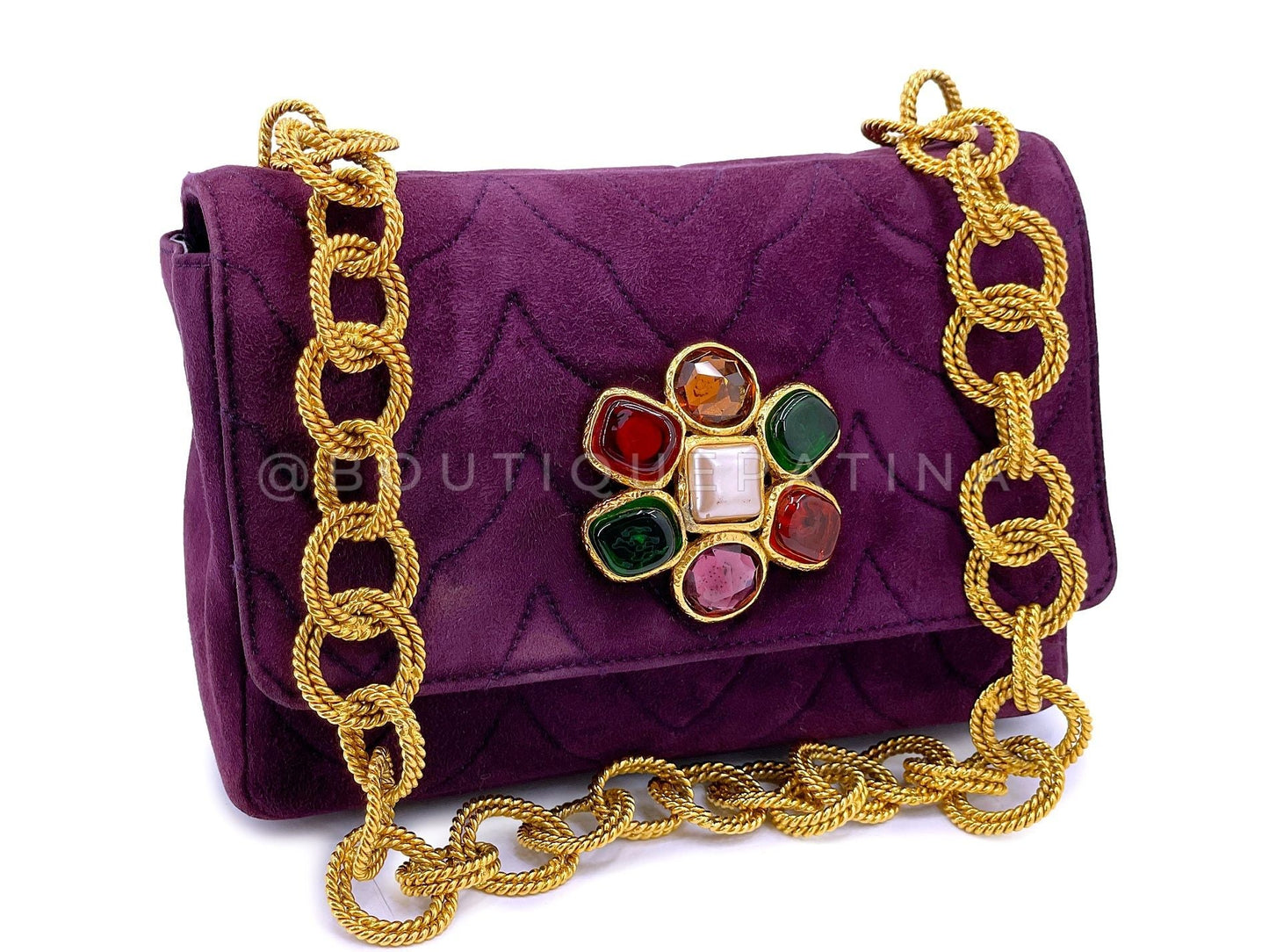 Chanel Vintage Jeweled Gripoix Flap Bag 1991 Purple Quilted Suede 24k GHW 58R