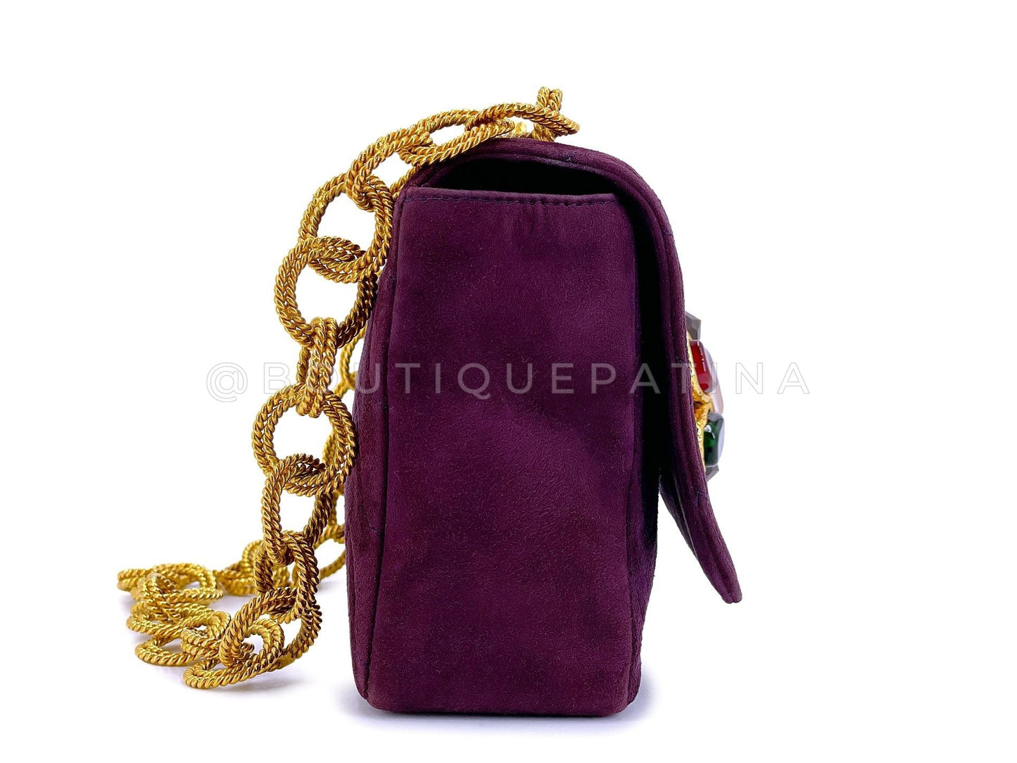 Chanel Vintage Jeweled Gripoix Flap Bag 1991 Purple Quilted Suede 24k GHW 58R