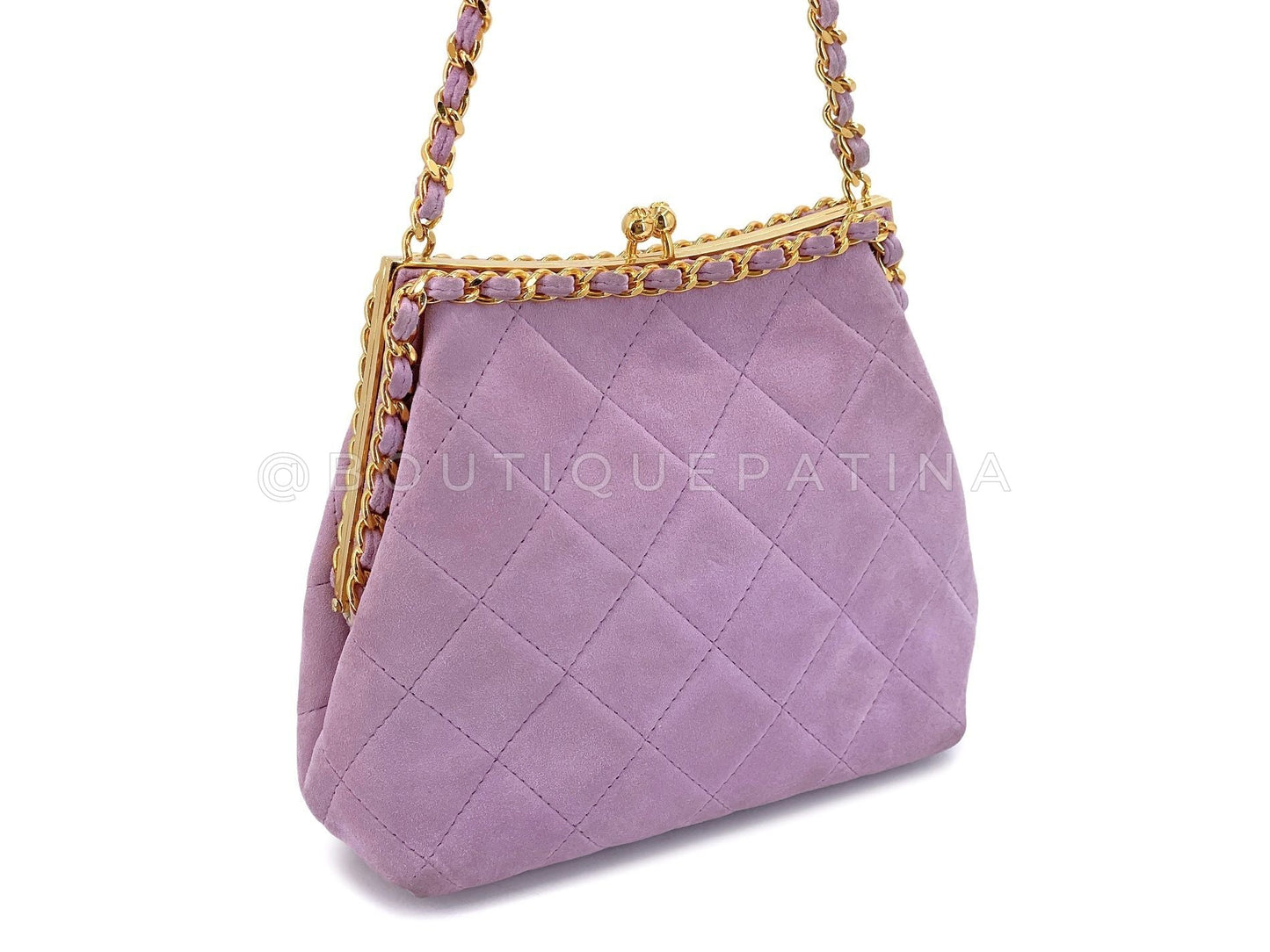 Chanel Vintage Lilac Suede Kisslock Clutch Bag 24k GHW 1995 Pink Purple XFG