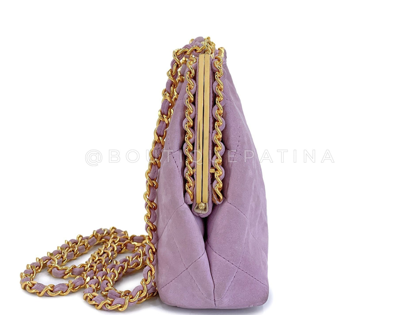 Chanel Vintage Lilac Suede Kisslock Clutch Bag 24k GHW 1995 Pink Purple XFG