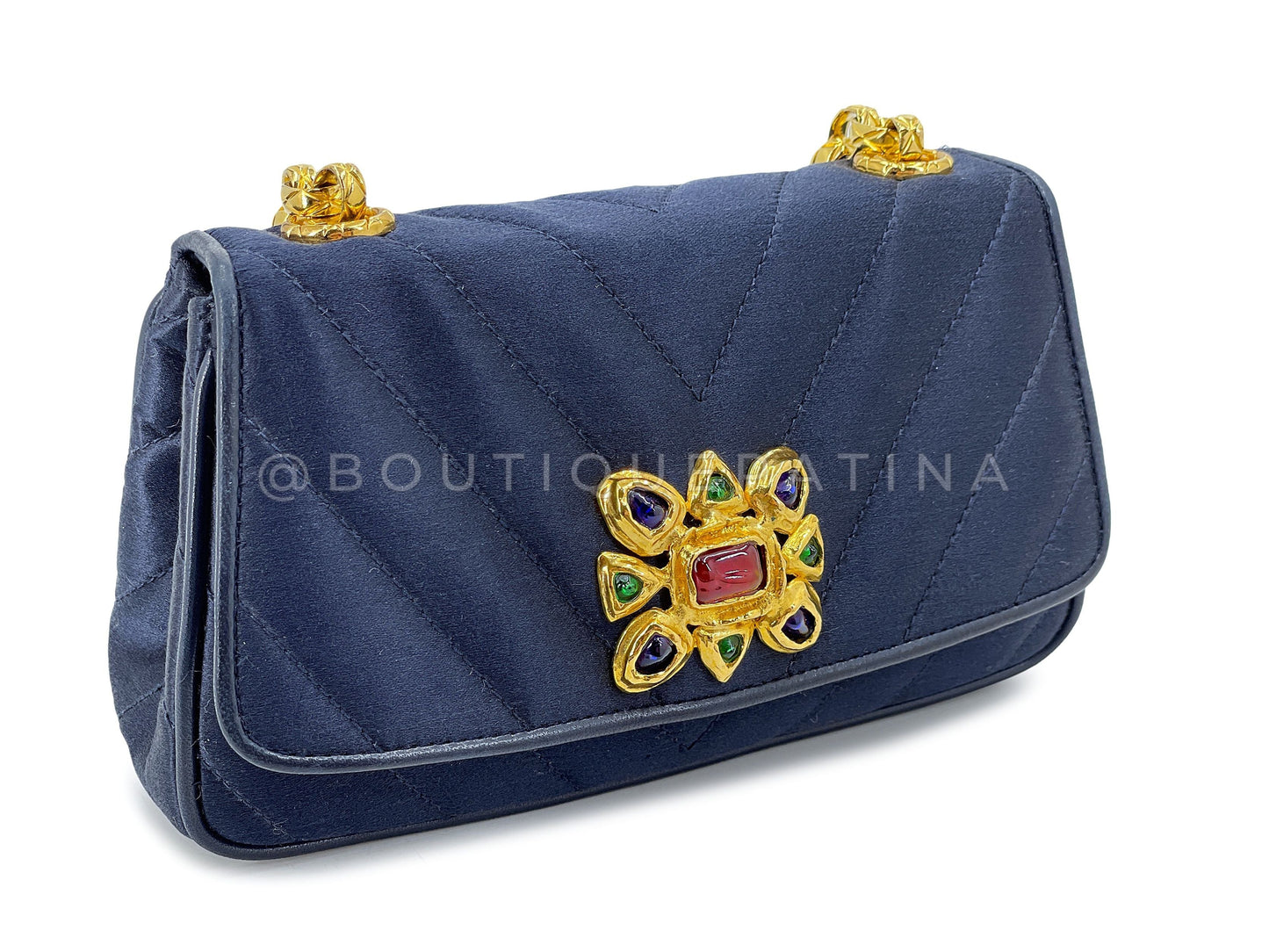 Chanel Vintage Gripoix Flap Bag Jeweled Navy Blue Chevron Satin 24k GHW XSO