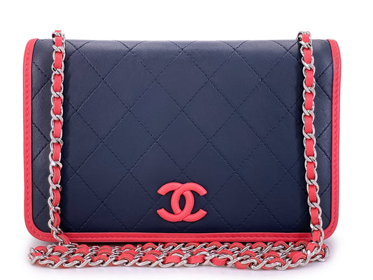 Chanel Navy and Coral Pink Covered CC Wallet on Chain WOC Bag Pristine