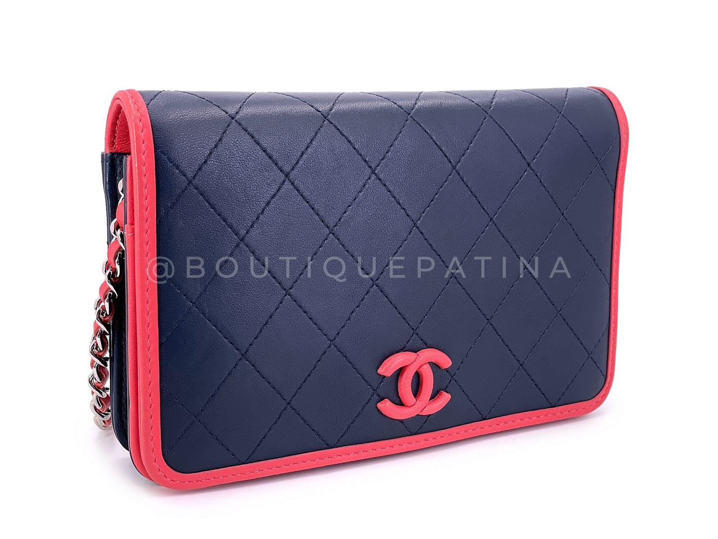 Chanel Navy and Coral Pink Covered CC Wallet on Chain WOC Bag Pristine