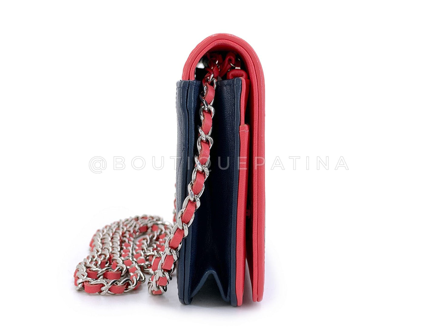Chanel Navy and Coral Pink Covered CC Wallet on Chain WOC Bag Pristine