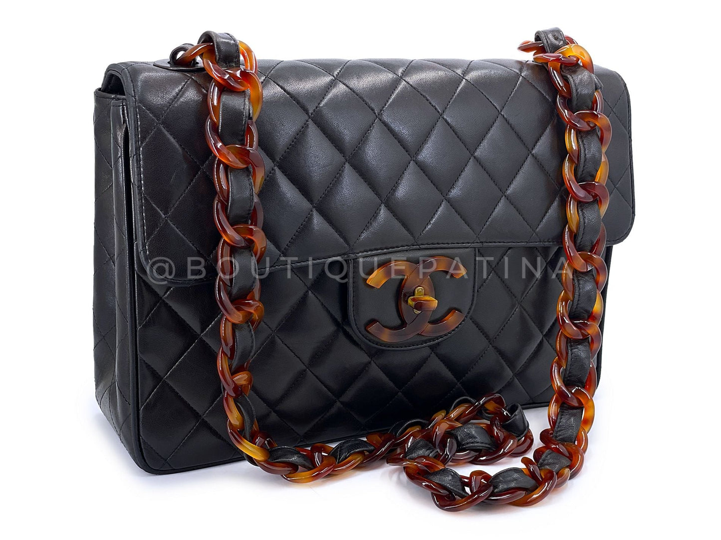 Chanel 1994 Vintage Black Tortoise Jumbo Classic Flap Bag Lambskin H3P