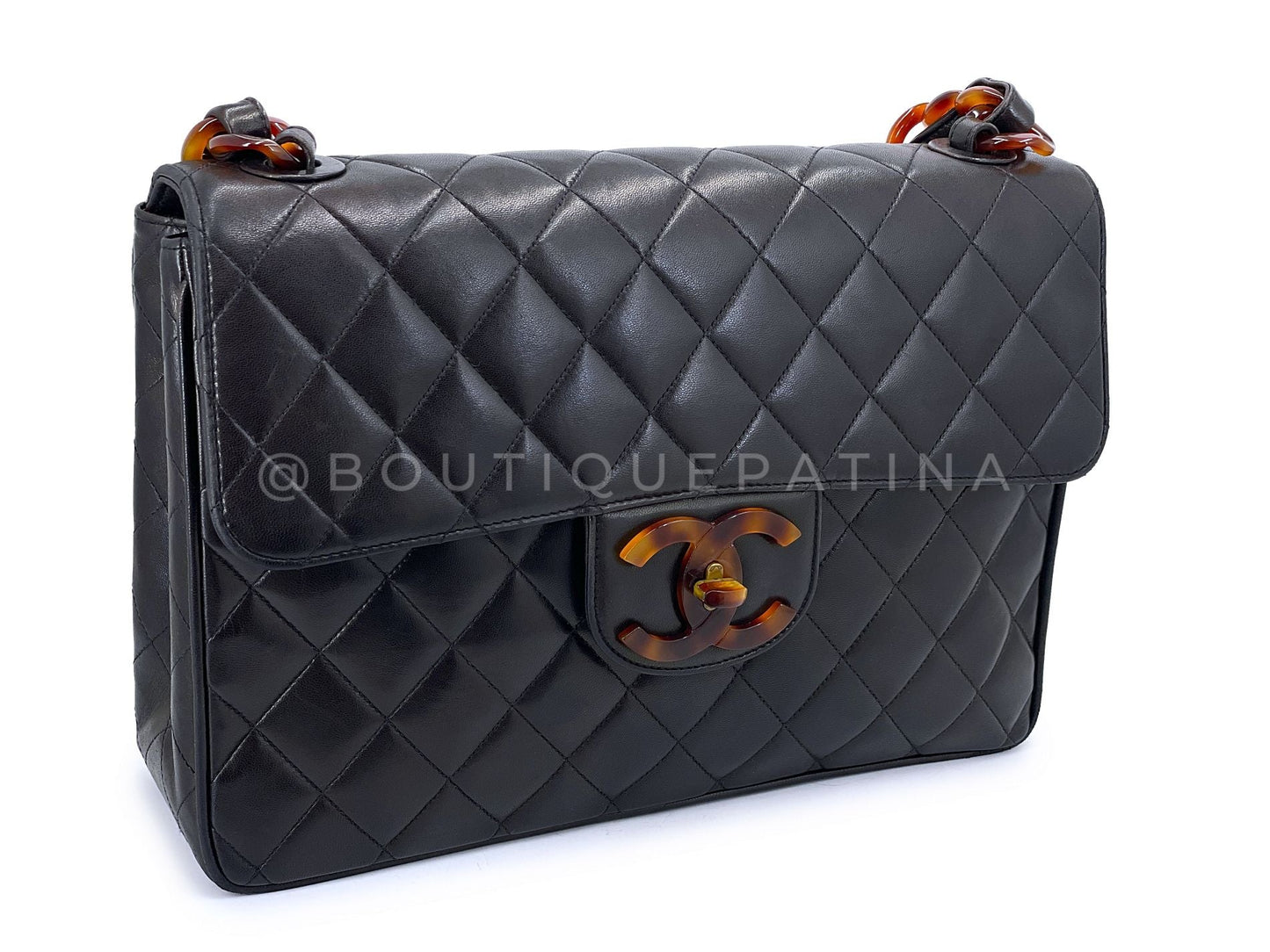 Chanel 1994 Vintage Black Tortoise Jumbo Classic Flap Bag Lambskin H3P