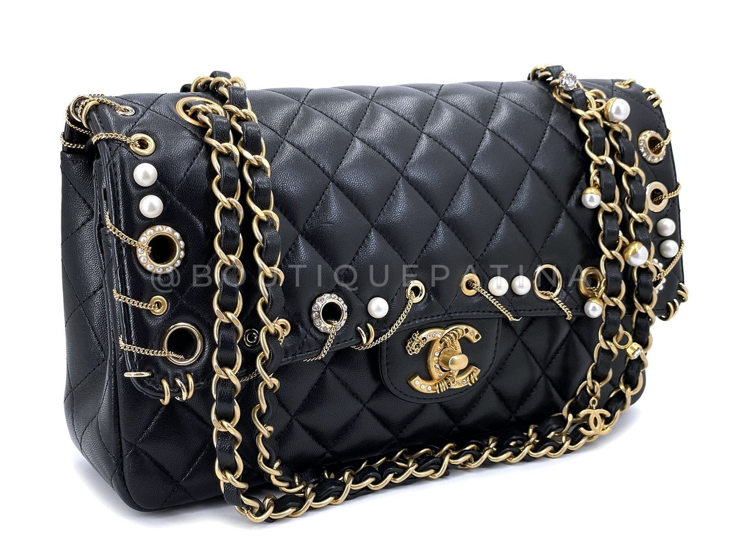 Chanel 2019 Piercing Charms Black Medium Classic Double Flap Bag GHW Q90